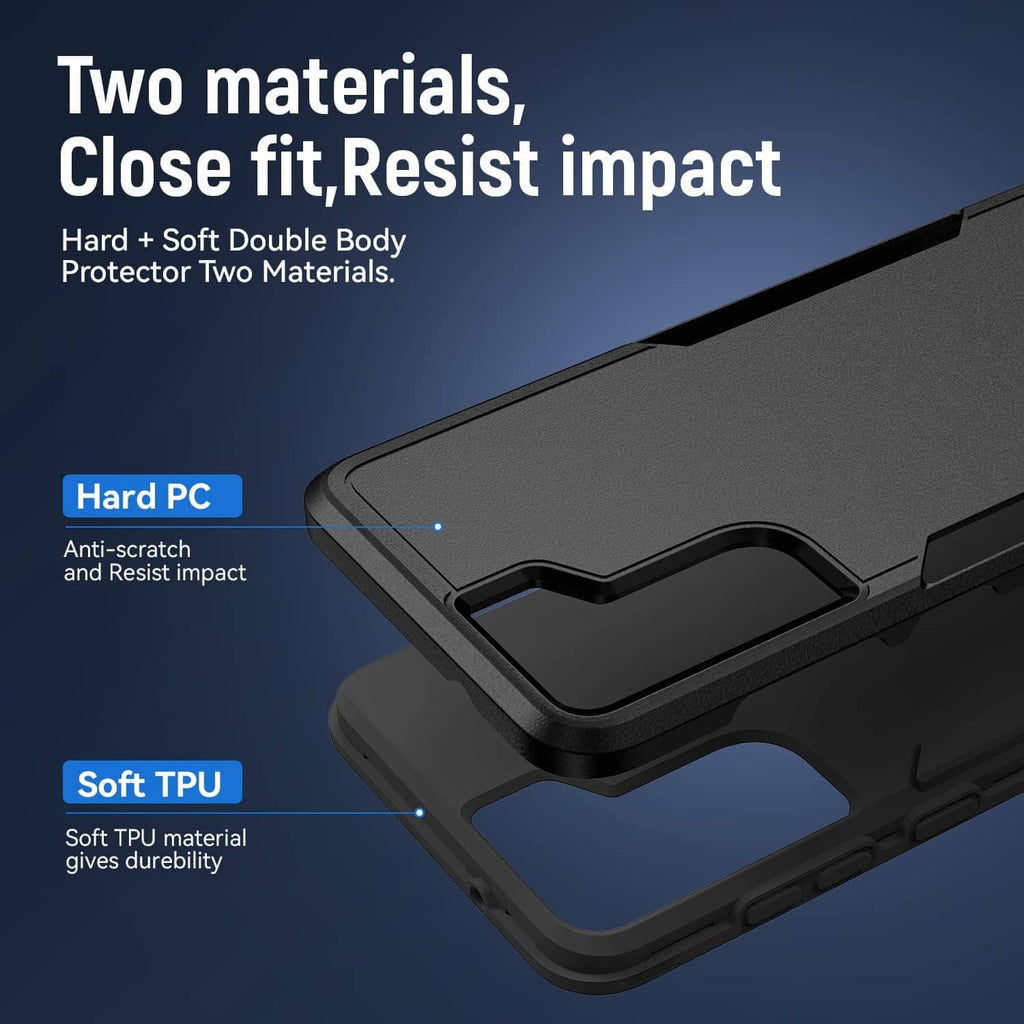 Double-layer rugged phone case with hard outer shell and soft TPU bumper