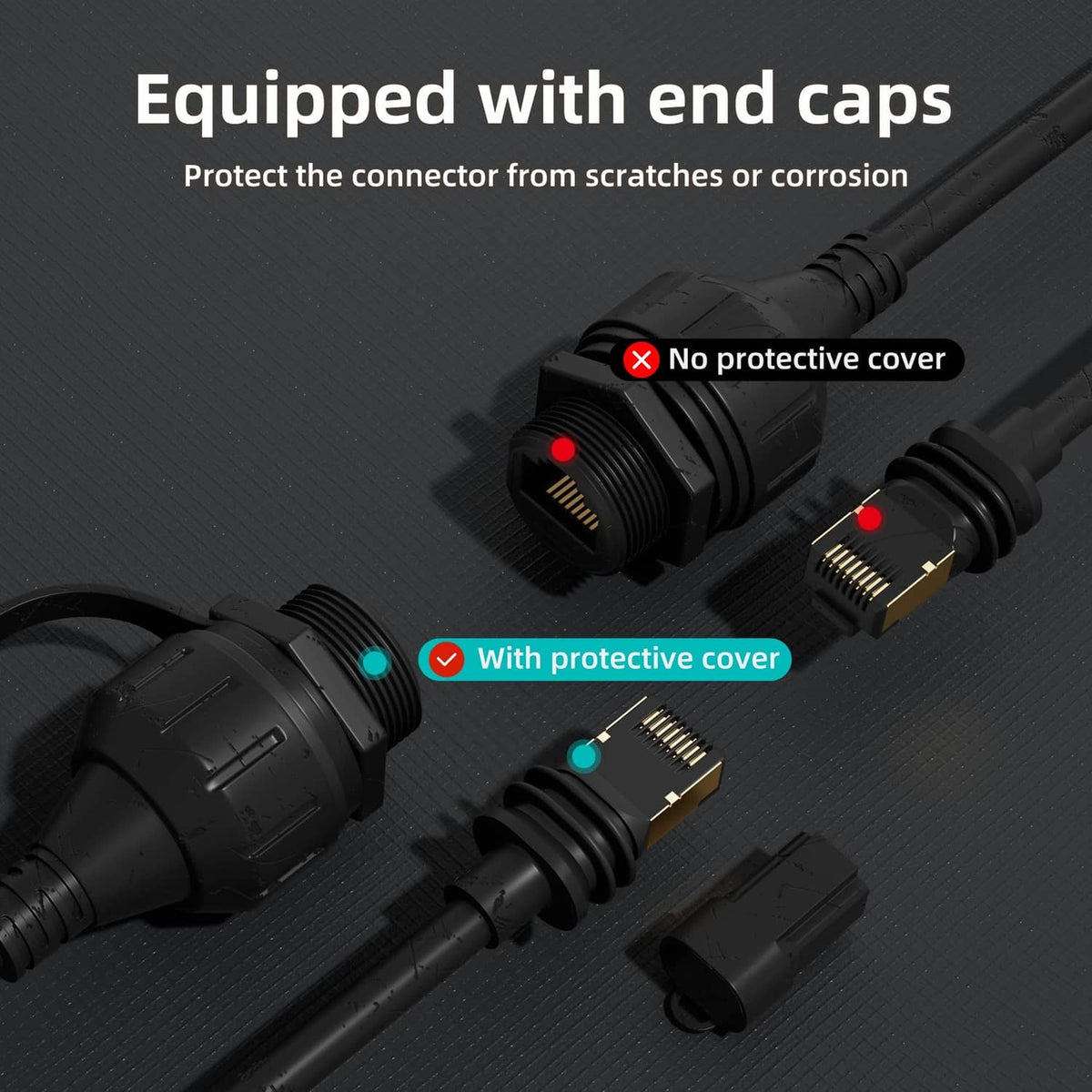 Black Ethernet adapter connectors with protective end caps and metal contacts