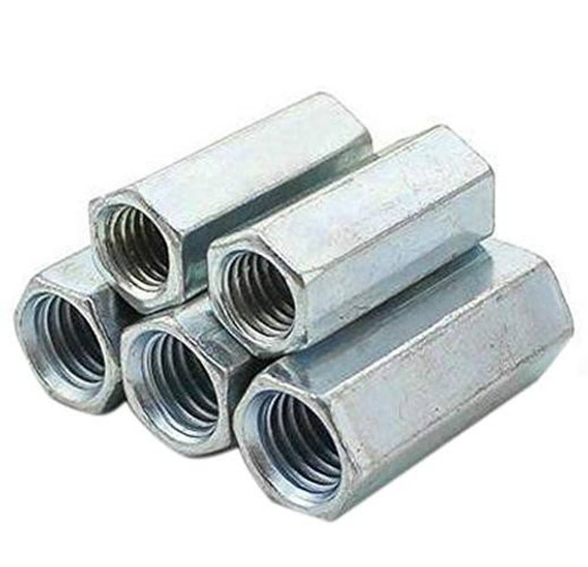 Zinc-plated M6 rod coupling hex nut connectors, angled view of threaded sleeves