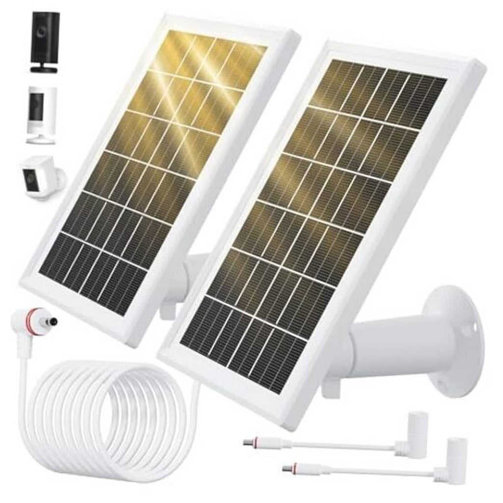 Two white solar panels with mount brackets, cables, and mounting hardware for security cameras