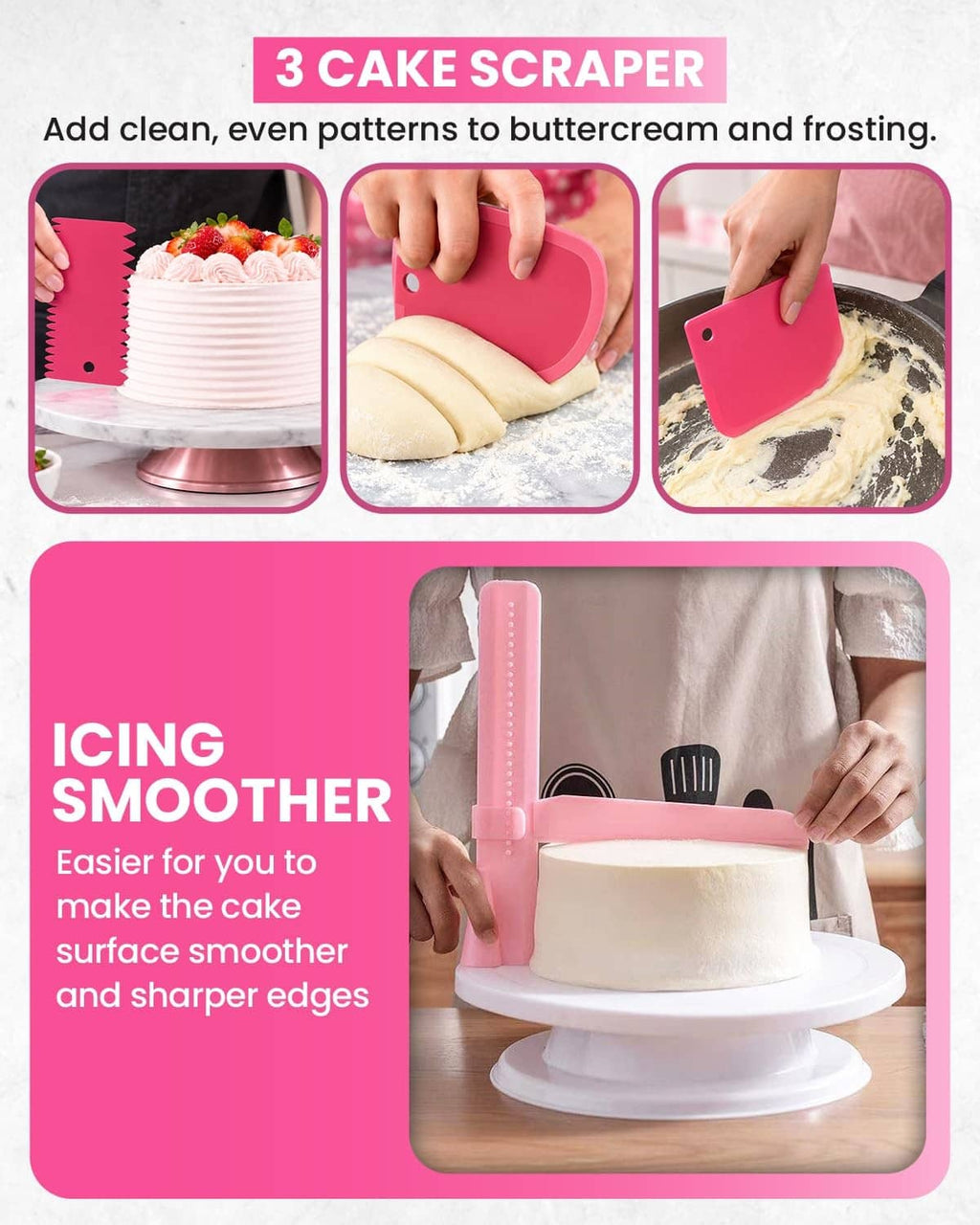 Cake scraper and icing smoother kit with pink tools for frosting edges