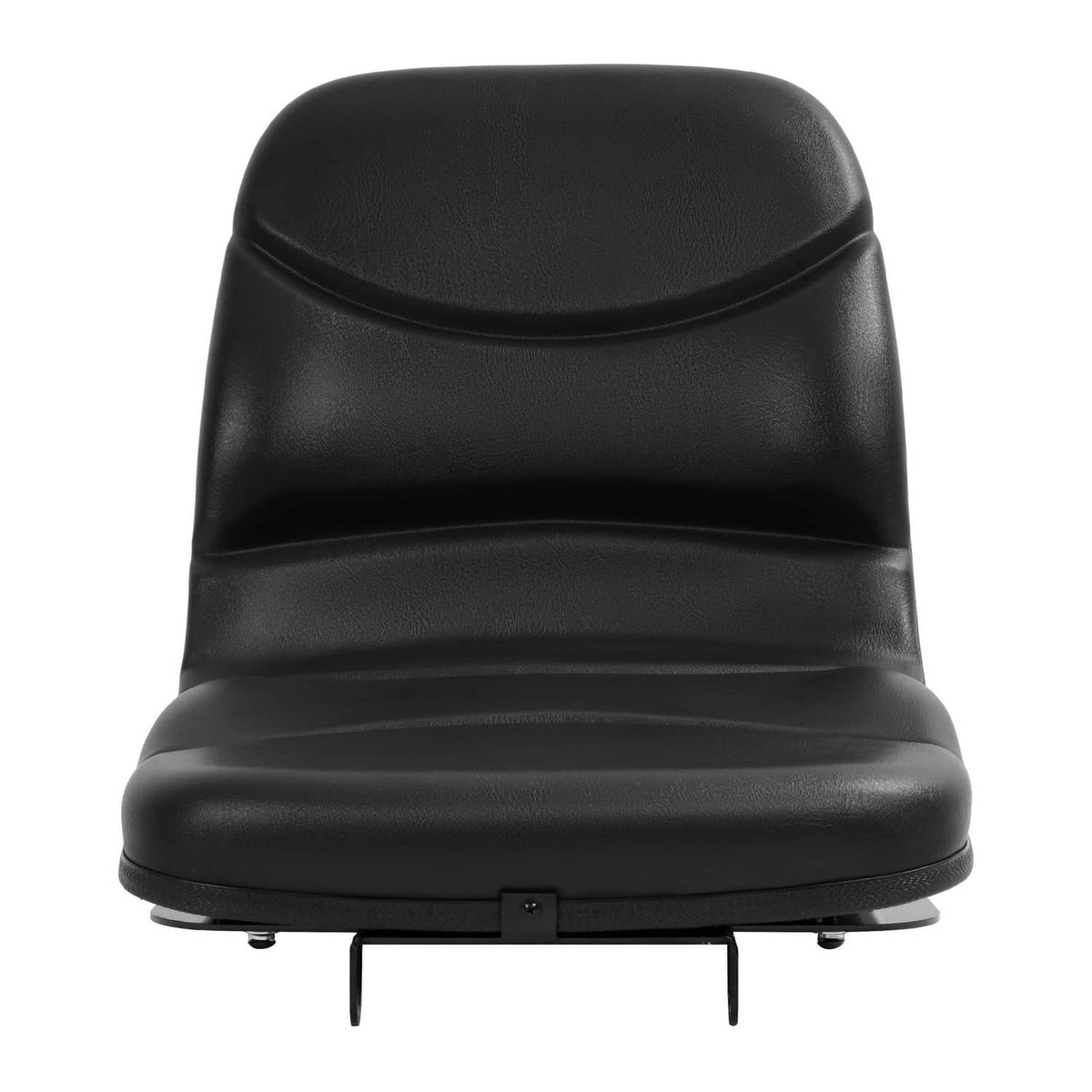 Black tractor seat front view with rounded headrest and base mounting brackets