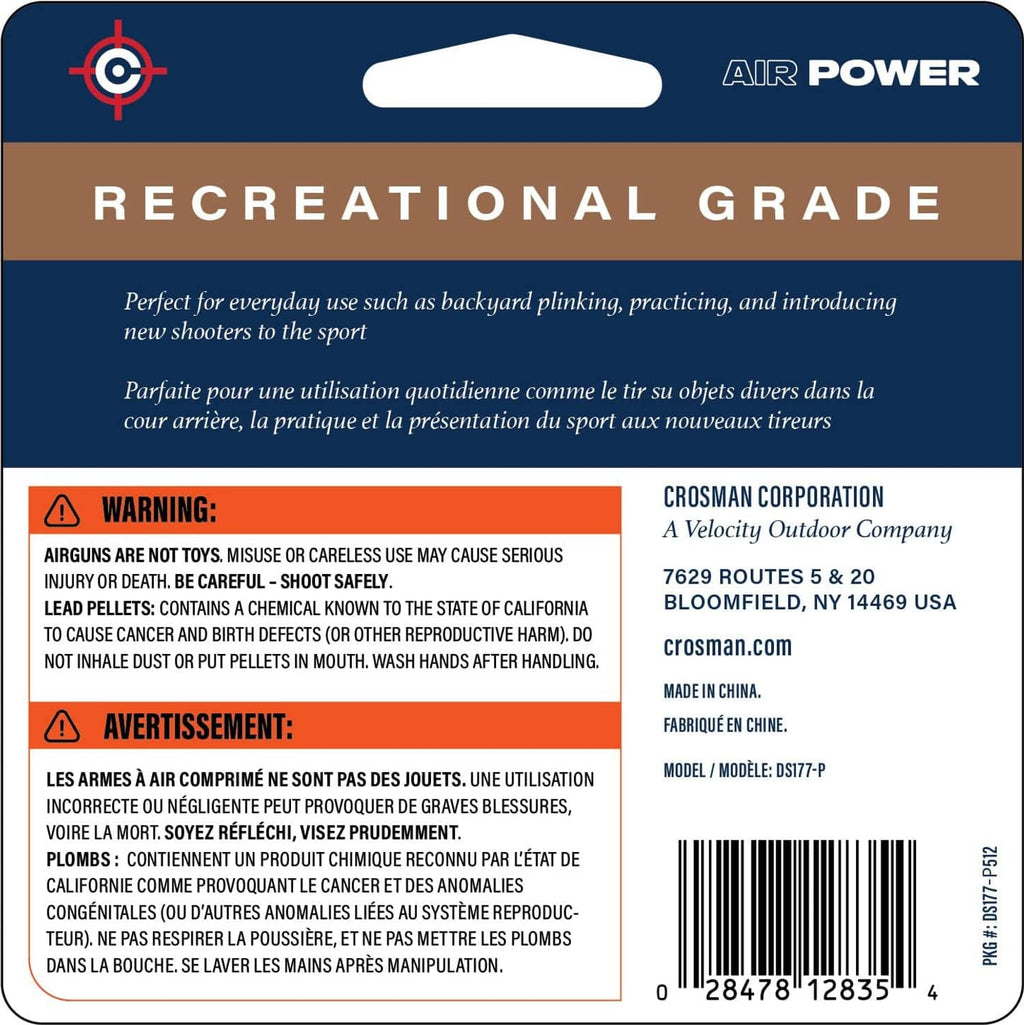 Back of .177-caliber pellet tin showing warning and manufacturer info