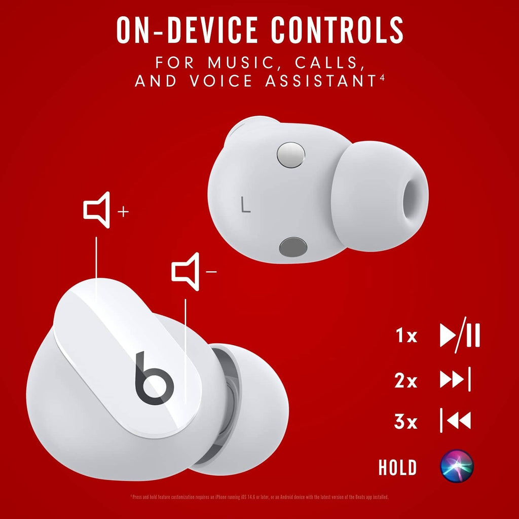White true wireless earbuds with touch control side, left and right buds shown