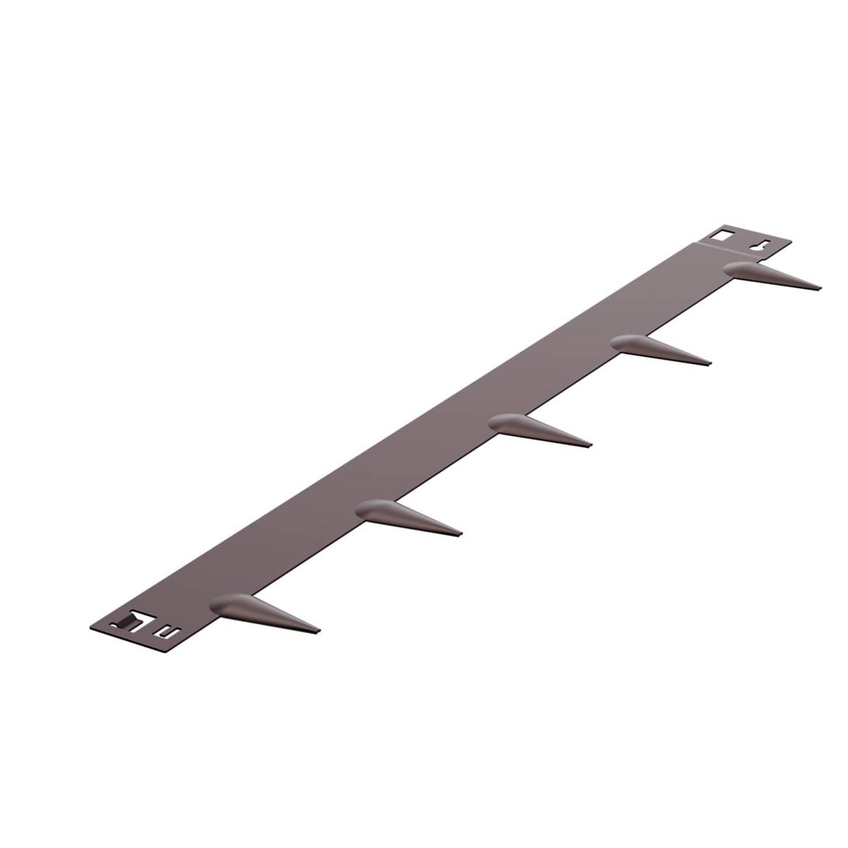 Brown steel landscape edging border with evenly spaced pointed spikes