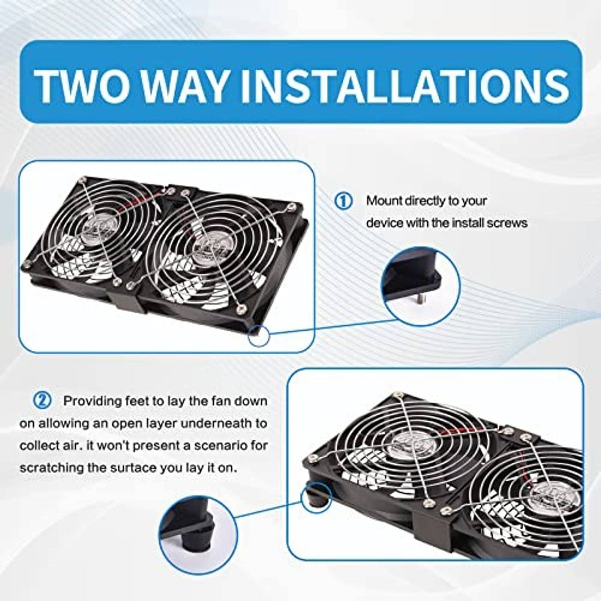 Dual 120mm computer fans with speed controller and mounting screws, two installation options