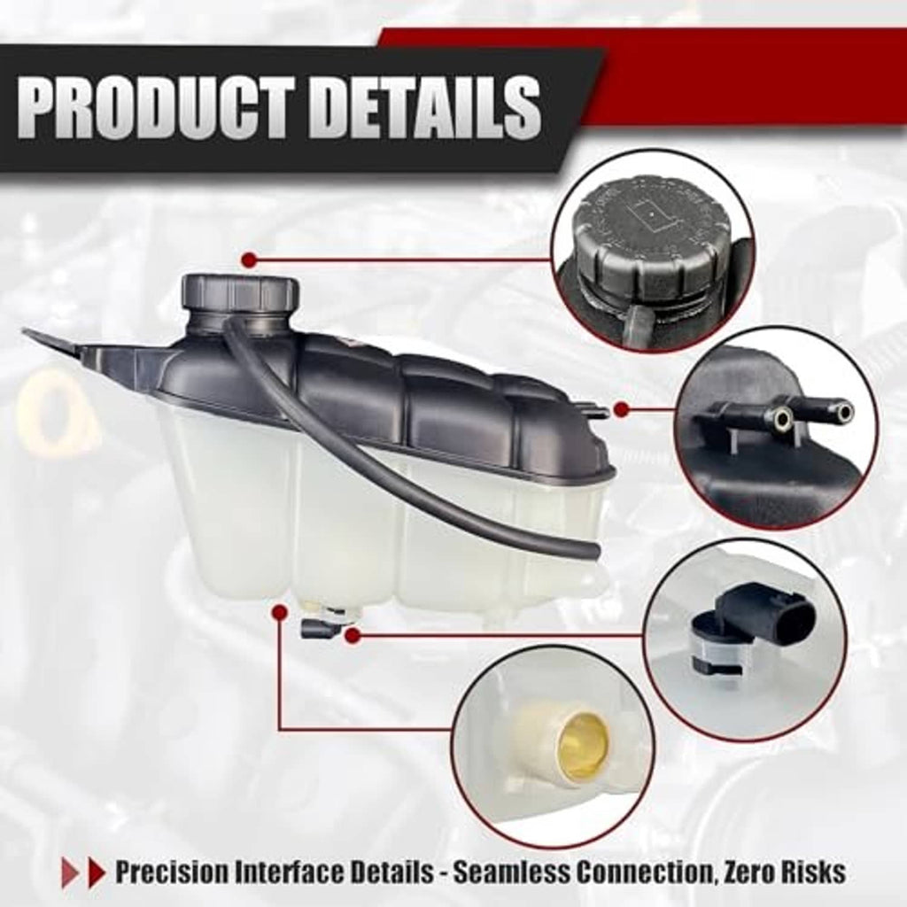 Coolant expansion tank with detailed parts diagram and cap close-up