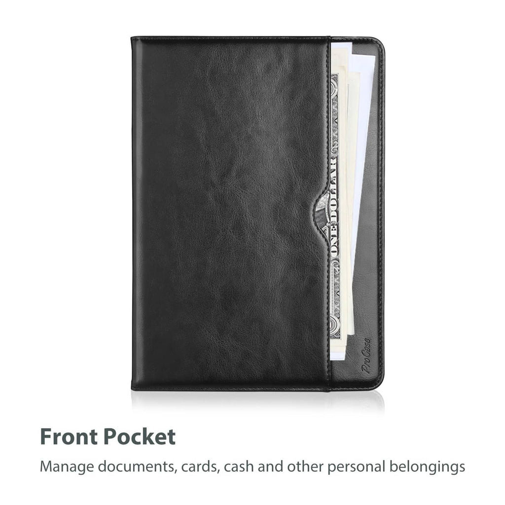 Black folio tablet case with front pocket for cards and documents