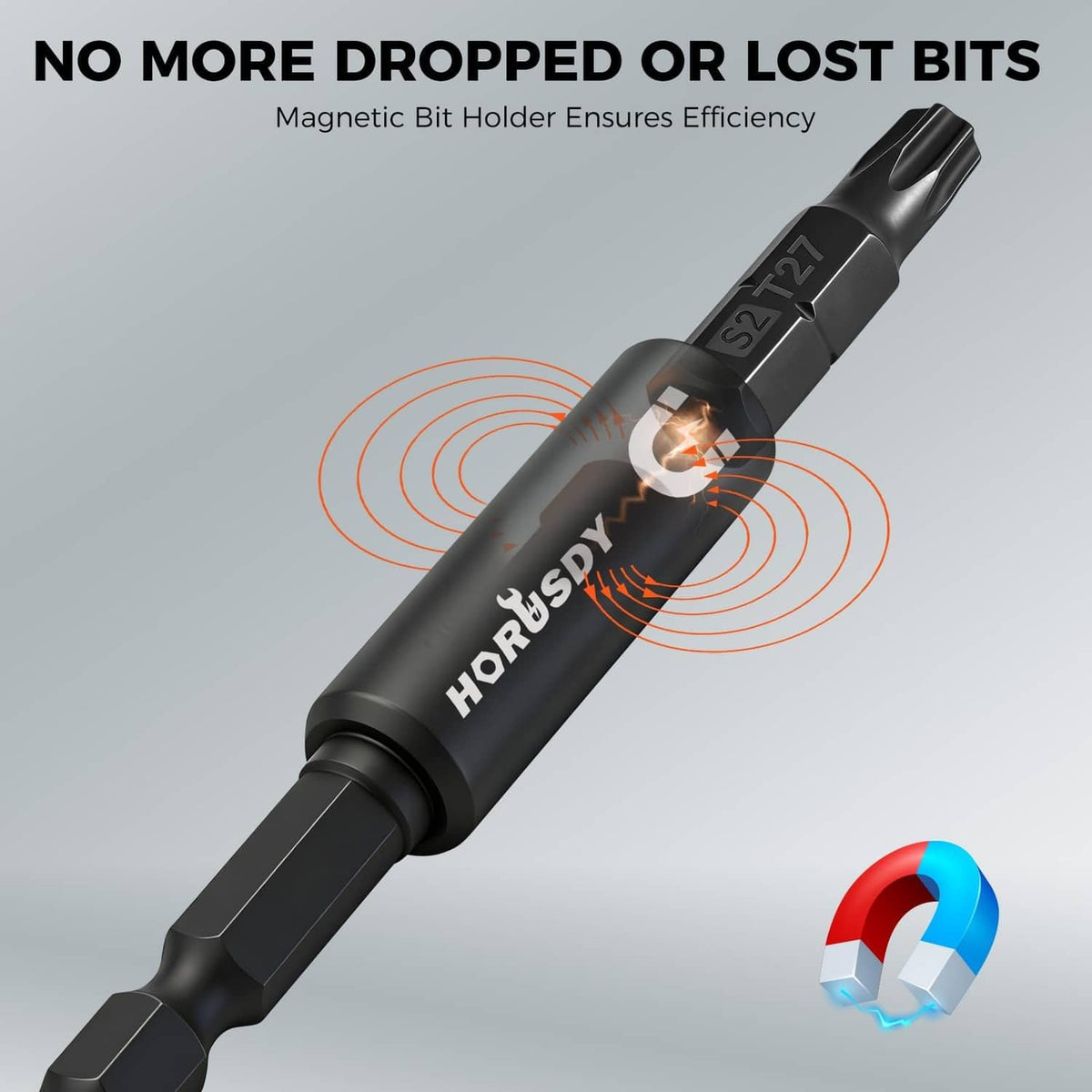 Black magnetic bit holder tool designed to keep bits attached during impact