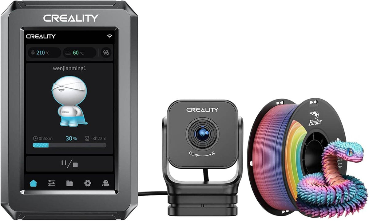 Nebula Smart Kit components set: Nebula Pad, Nebula Camera, and rainbow PLA+ filament spool