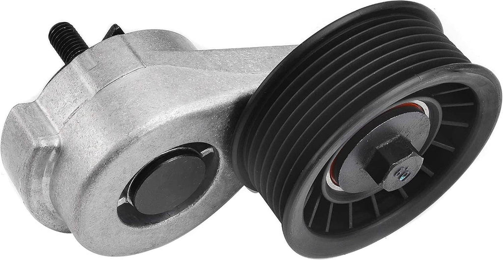 Automatic belt tensioner with ribbed black pulley and silver arm