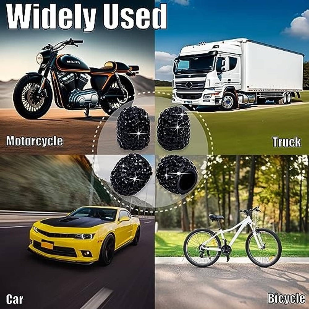 Black rhinestone tire valve caps set shown for cars, trucks, and bicycles