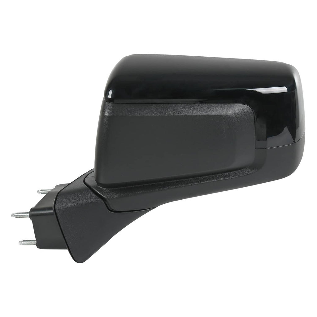 Black mirror housing with glossy cap and mounting base with connector hardware