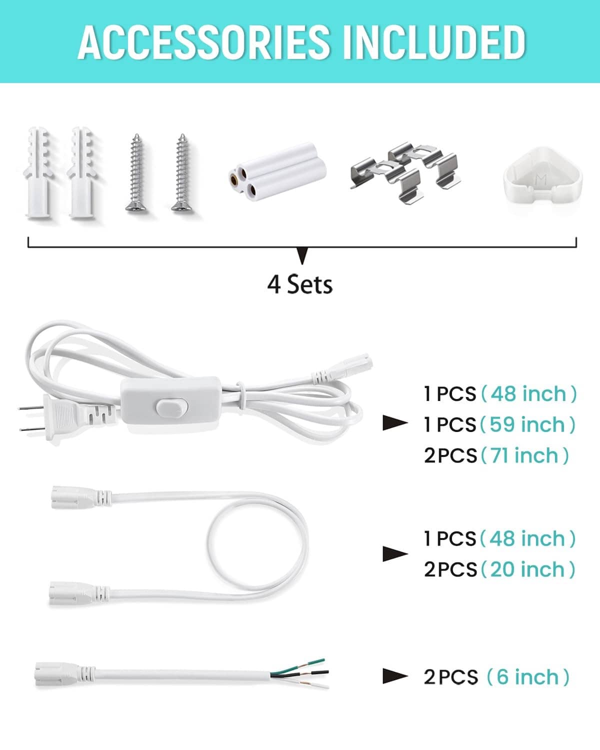 Included installation accessories: connectors, screws, end caps, and power cord sets