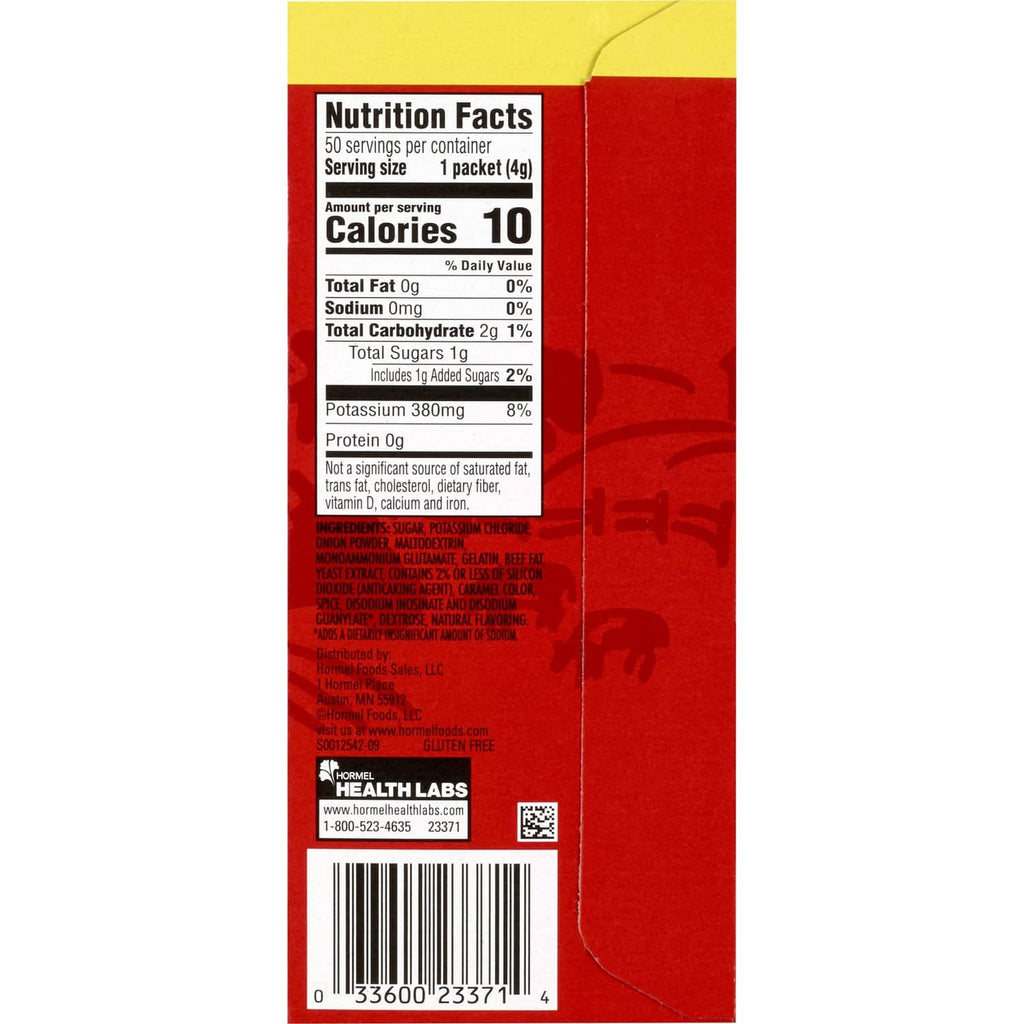 Nutrition facts panel for sodium-free granulated beef bouillon packets