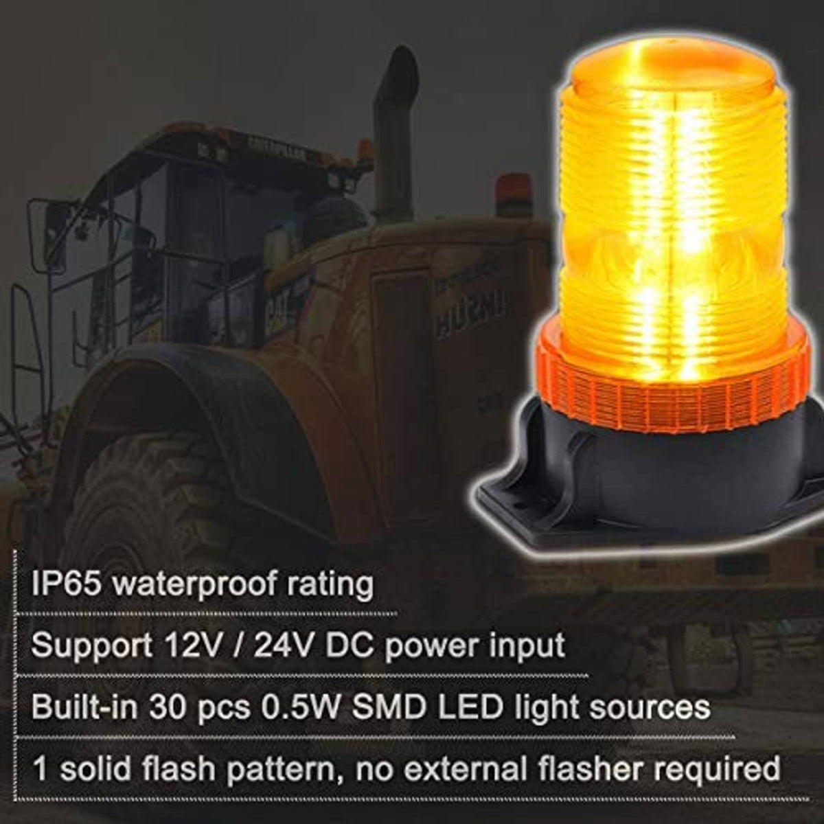 Amber LED strobe light on black magnetic base with illuminated LED stack