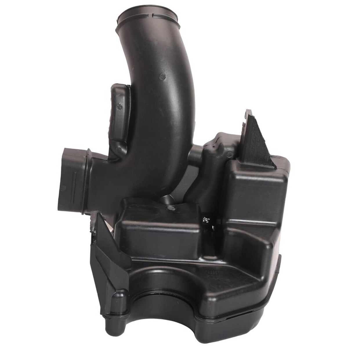 Black plastic air intake lower resonator with curved intake tube and base mount