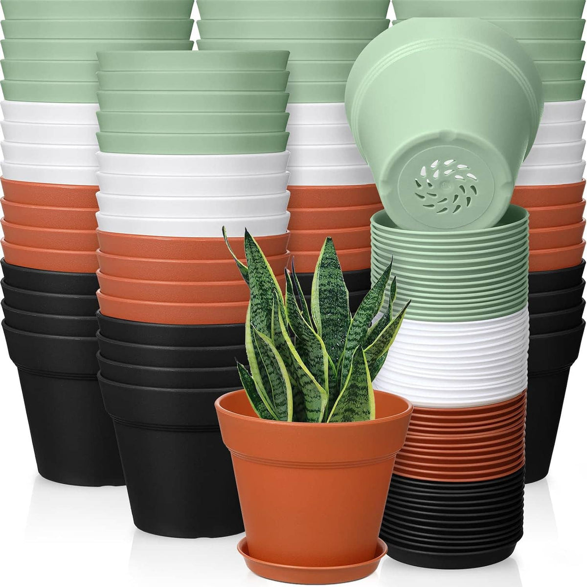 4-inch plastic plant pots set, stacked in mint, black, orange, and white; with drainage.