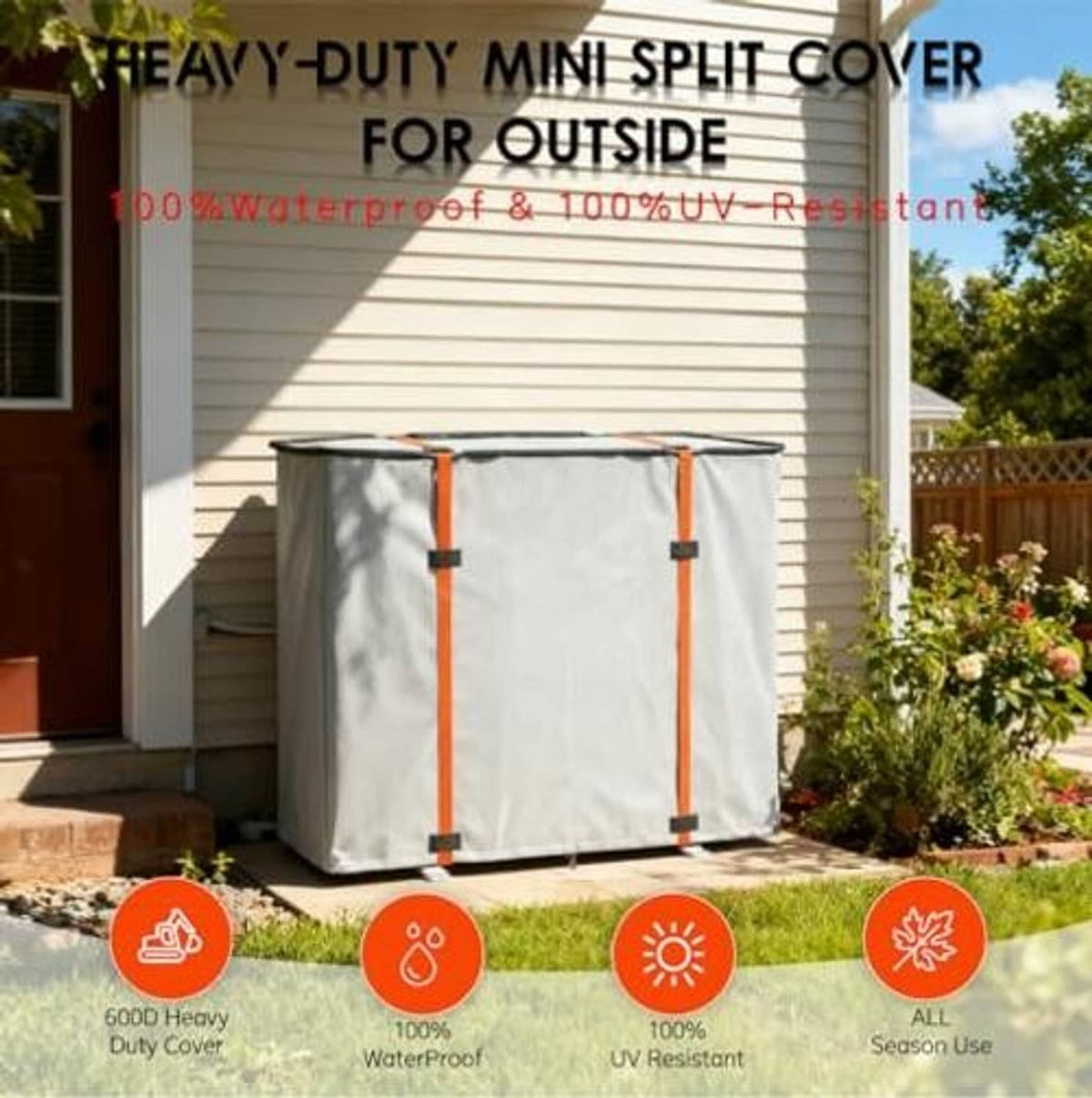 Outdoor mini split cover with light gray fabric, orange straps, and black top corners
