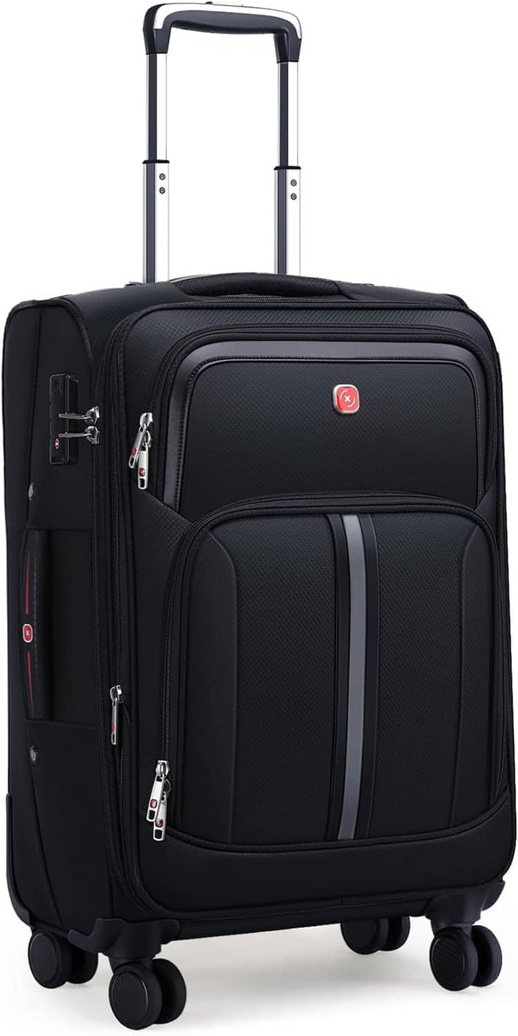 Black softside carry-on rolling suitcase with front zipper pockets and spinner wheels