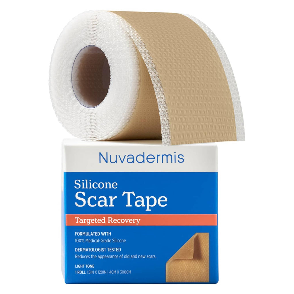Silicone scar tape roll with medical-grade adhesive backing and matching product box