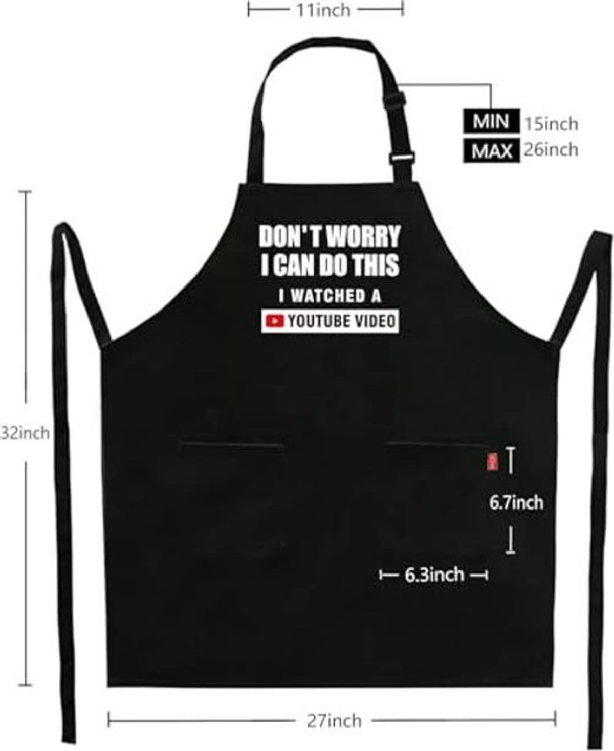 Black kitchen apron layout with printed quote and adjustable straps, size diagram