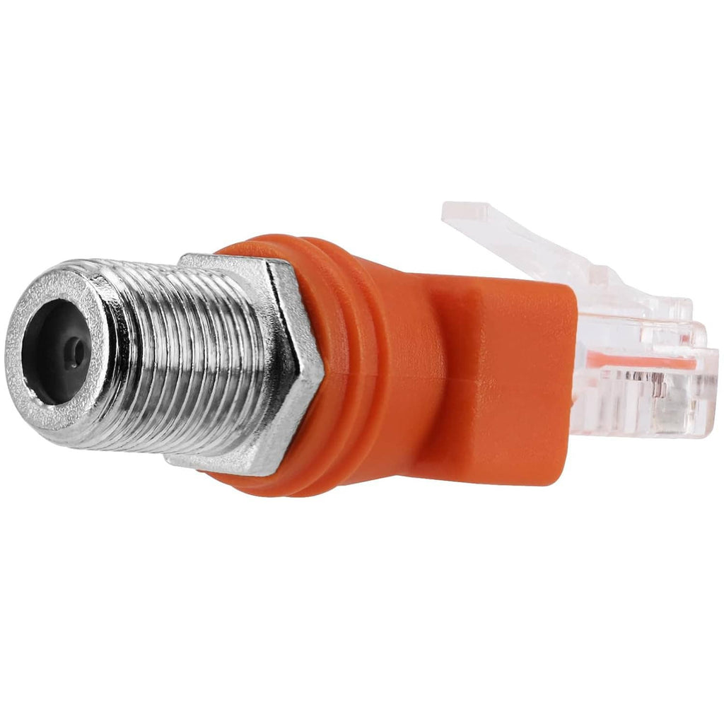 RF to RJ45 adapter connector angled view: silver threaded RF end and clear RJ45 male