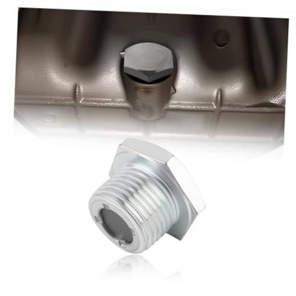 Silver magnetic rear differential drain plug with hex head and threaded body