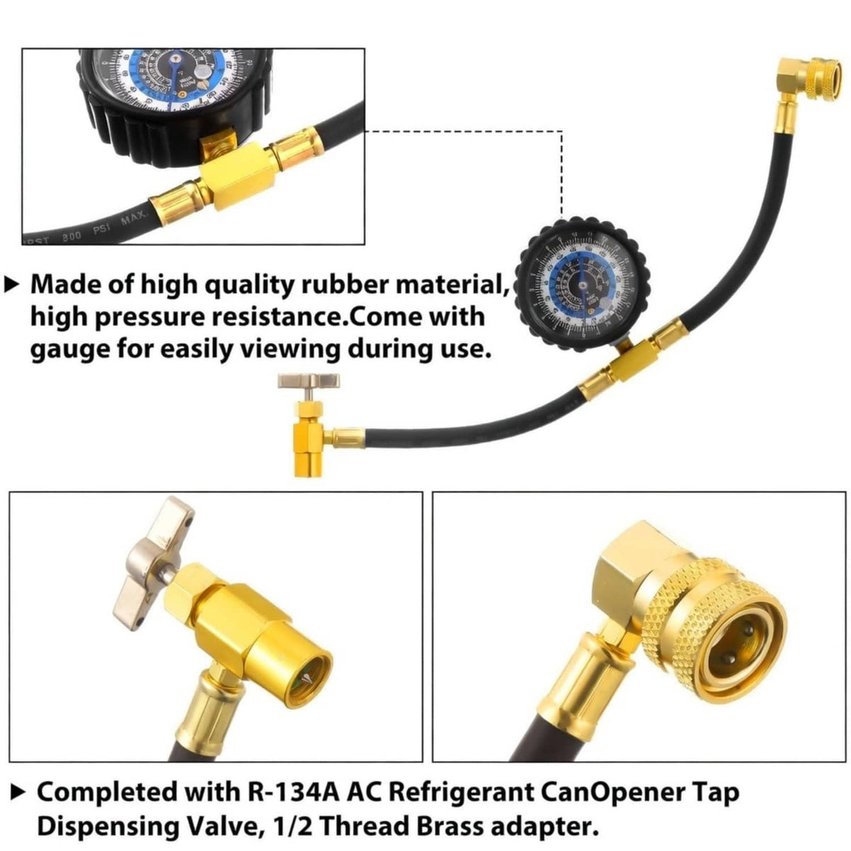 R134a recharge kit hose with pressure gauge and brass dispensing valve with adapters