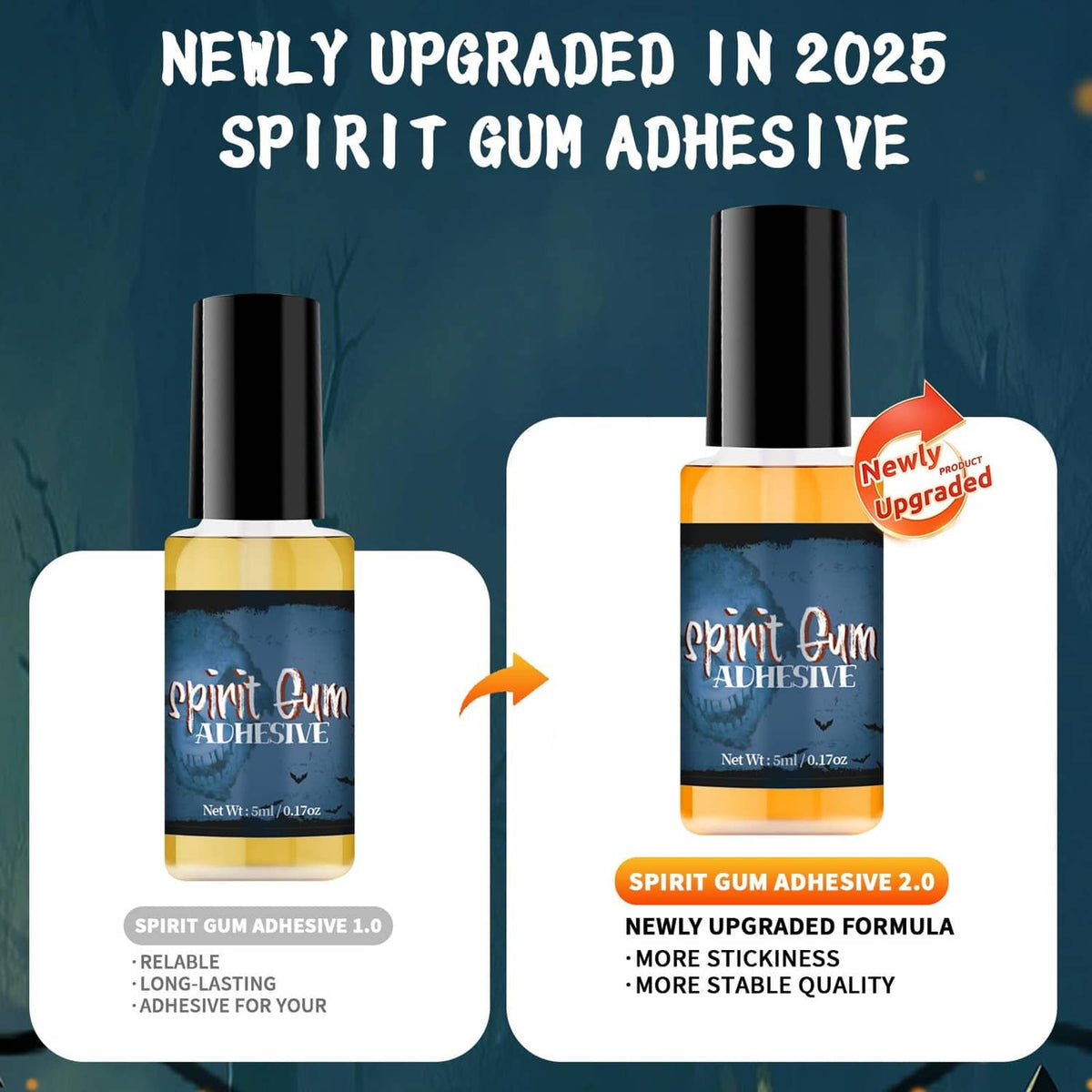 Upgraded spirit gum adhesive bottles set, amber adhesive and clear remover, two sizes