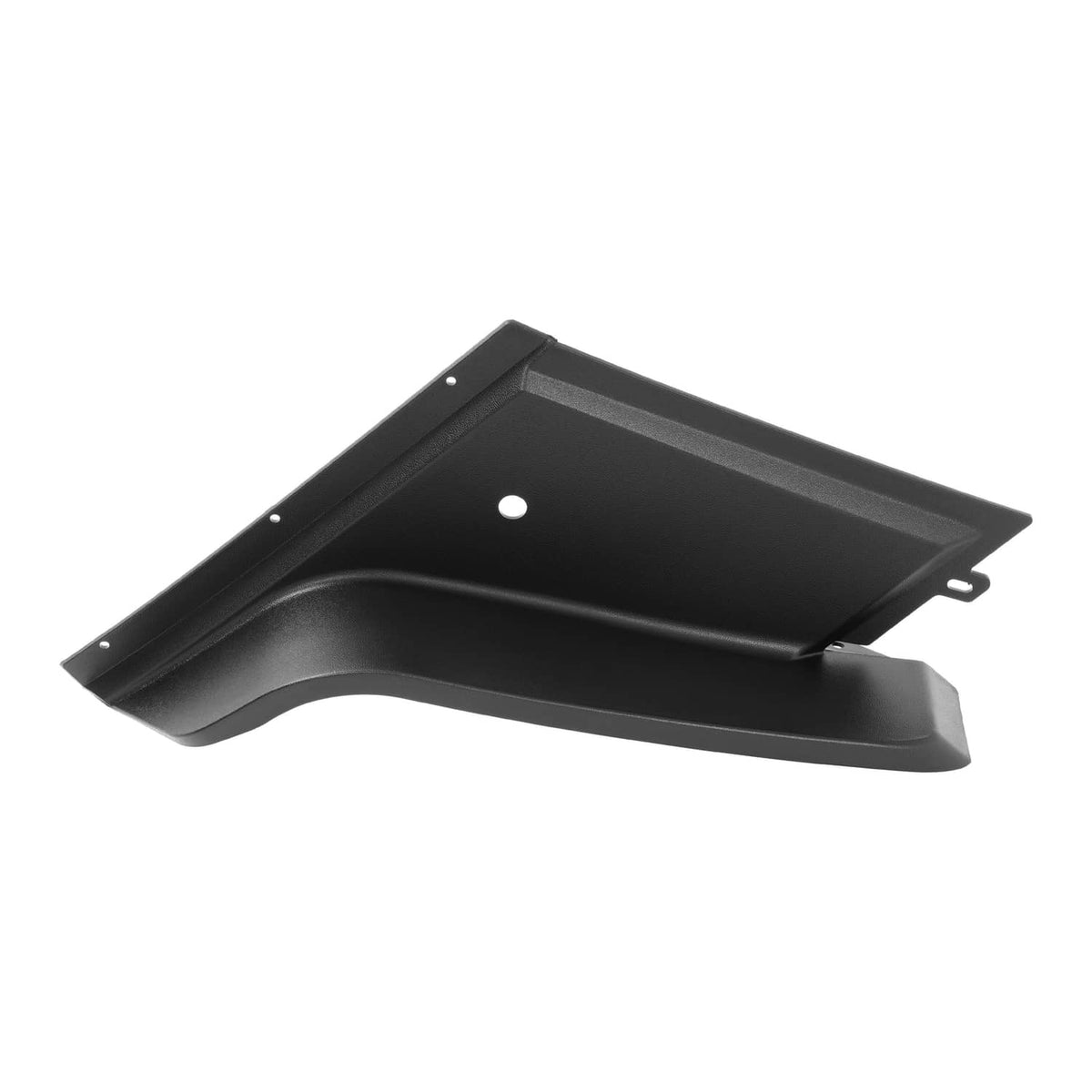 Black front fender flare with inner tray shape and circular mounting opening