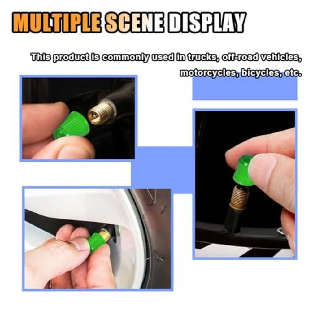 Hand installing a green tire valve stem cap on a vehicle tire valve