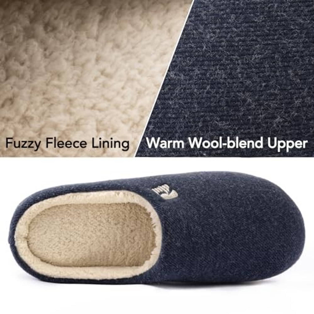 Navy blue clog slippers with tan sherpa inner lining, cushioned insole and slip-on fit