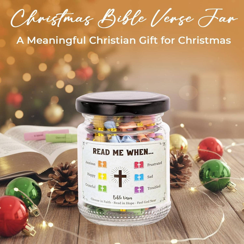 Prayer verse jar with black lid, 'Read Me When' cross label with colorful squares