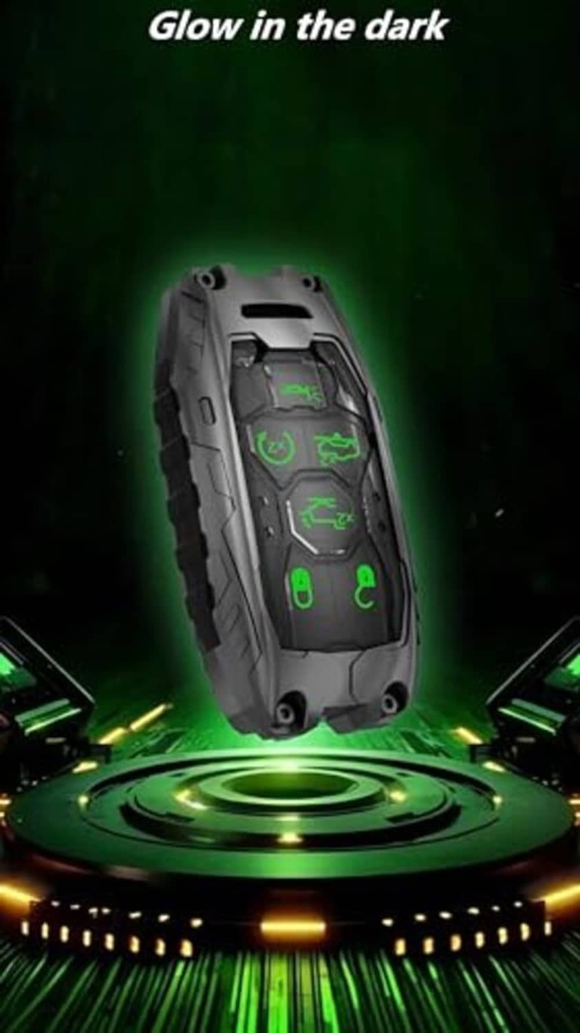 Silver key fob cover with button icons, dark-green glow lighting, rugged key shell