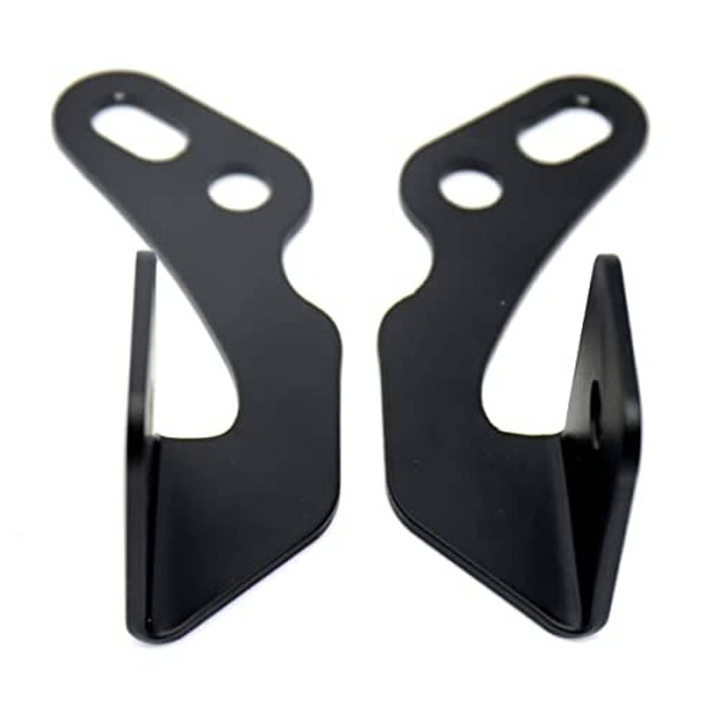 Pair of black mounting brackets with oval cutouts and bolt holes