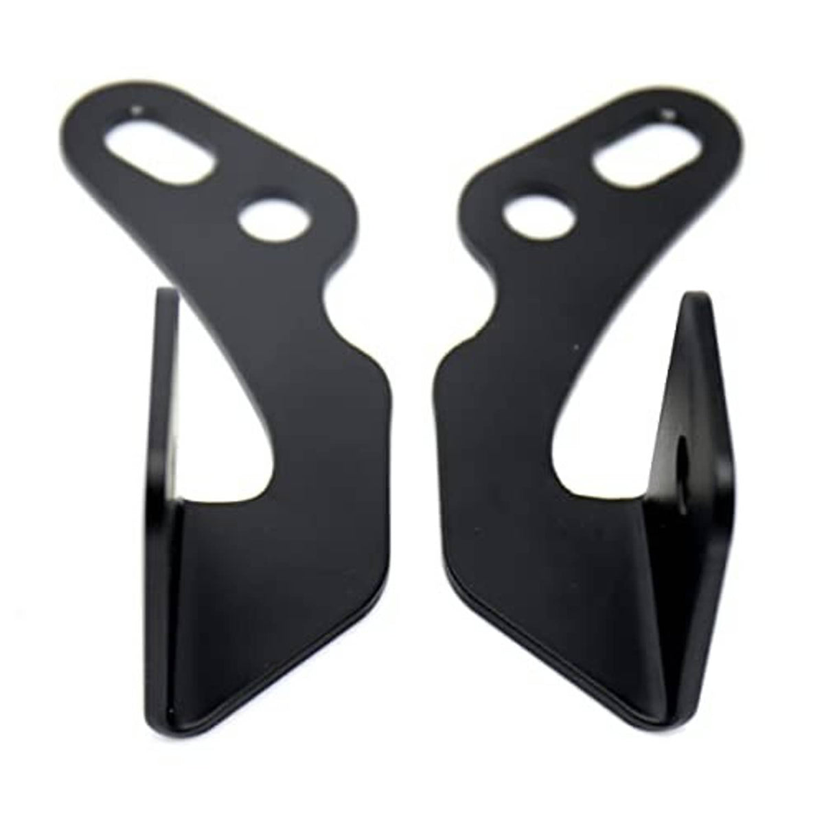 Pair of black mounting brackets with oval cutouts and bolt holes