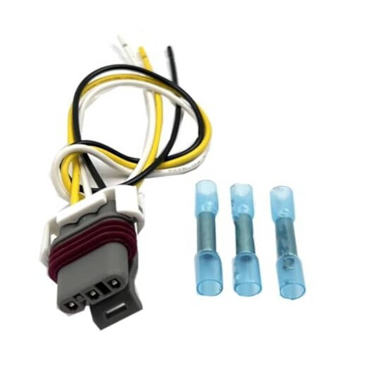 Crankshaft sensor wiring harness with gray plug, red band, and three blue terminal caps