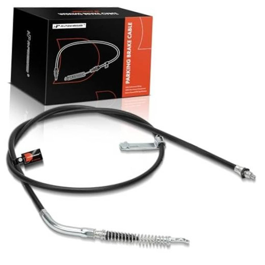 Rear parking brake cable assembly with black housing and metal end fittings for right rear