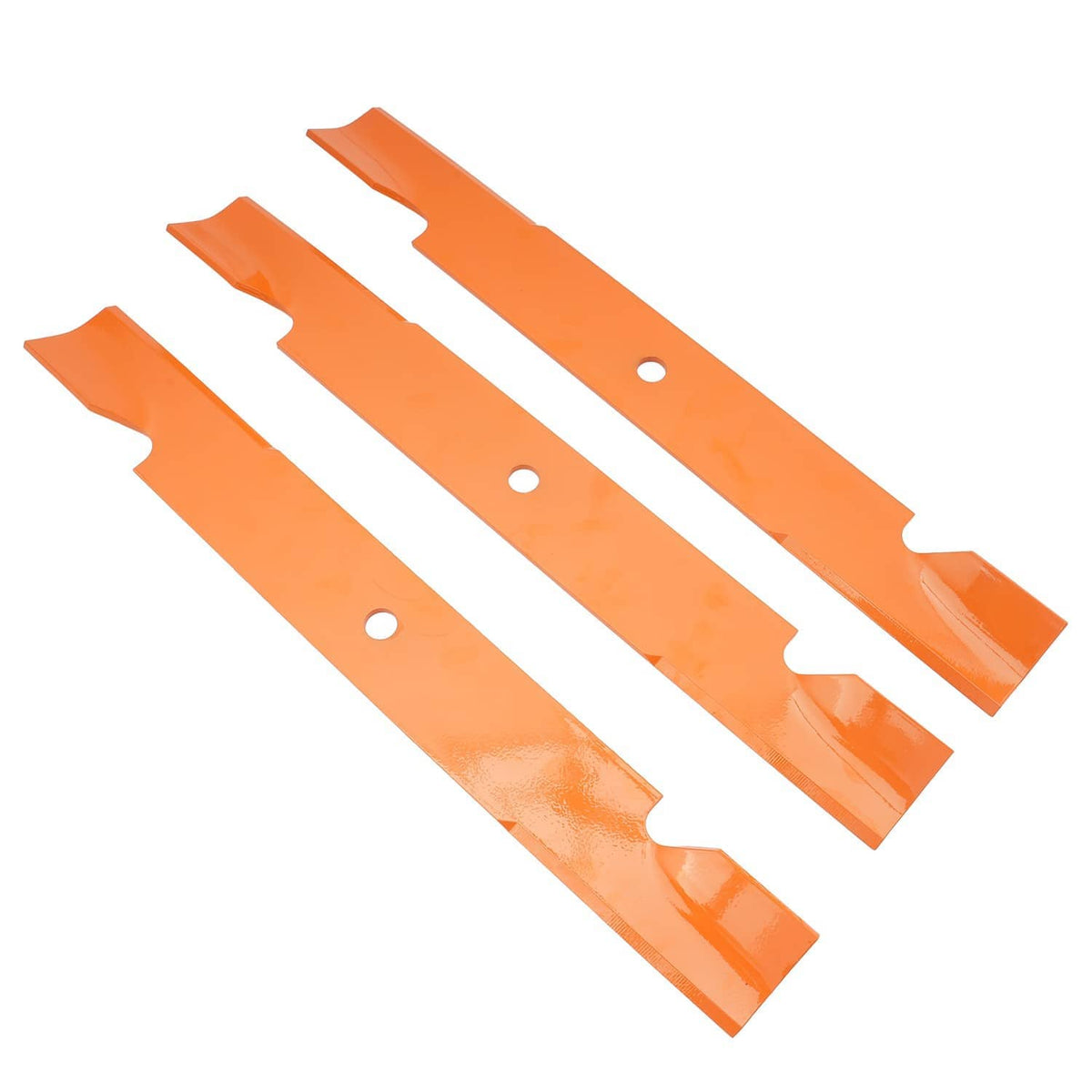 Orange mower blades arranged side by side, multiple blades with holes