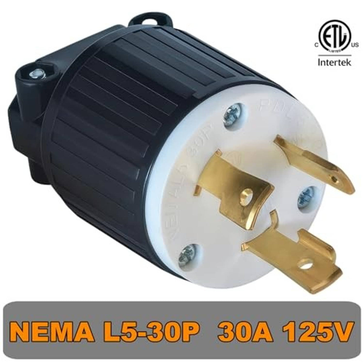 NEMA L5-30P locking plug, white face with gold blades and black ribbed housing