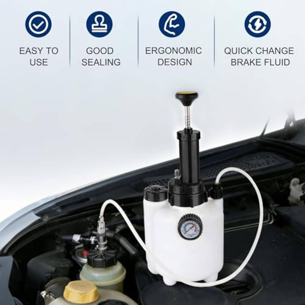 Manual brake pressure bleeder kit with white tank and mounted gauge connected to vehicle engine
