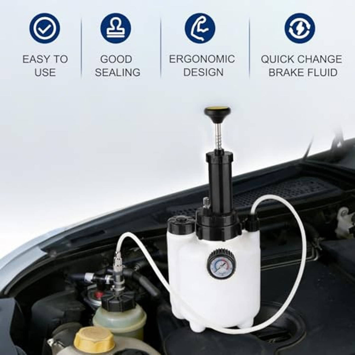 Manual brake pressure bleeder kit with white tank and mounted gauge connected to vehicle engine