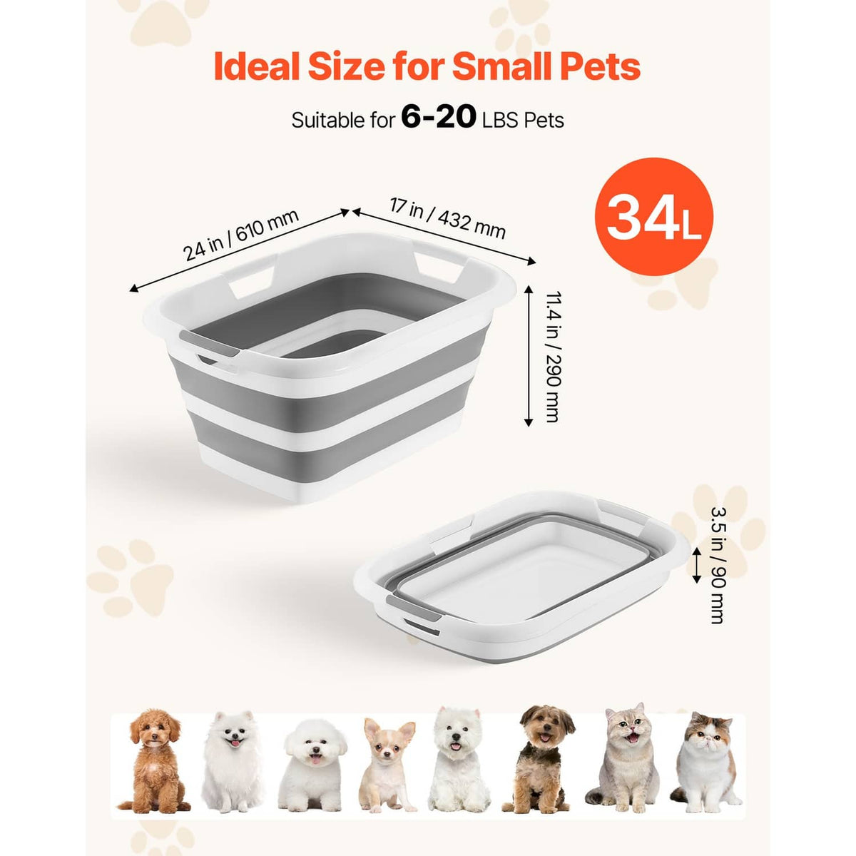 Gray and white collapsible pet bath tub and flat folding base for small pets