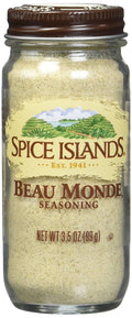 Spice Islands Beau Monde seasoning jar with front label and granule-filled glass