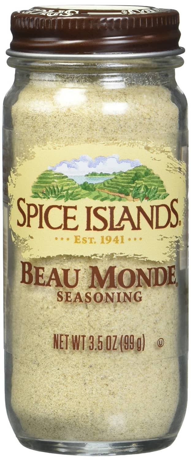 Spice Islands Beau Monde seasoning jar with front label and granule-filled glass