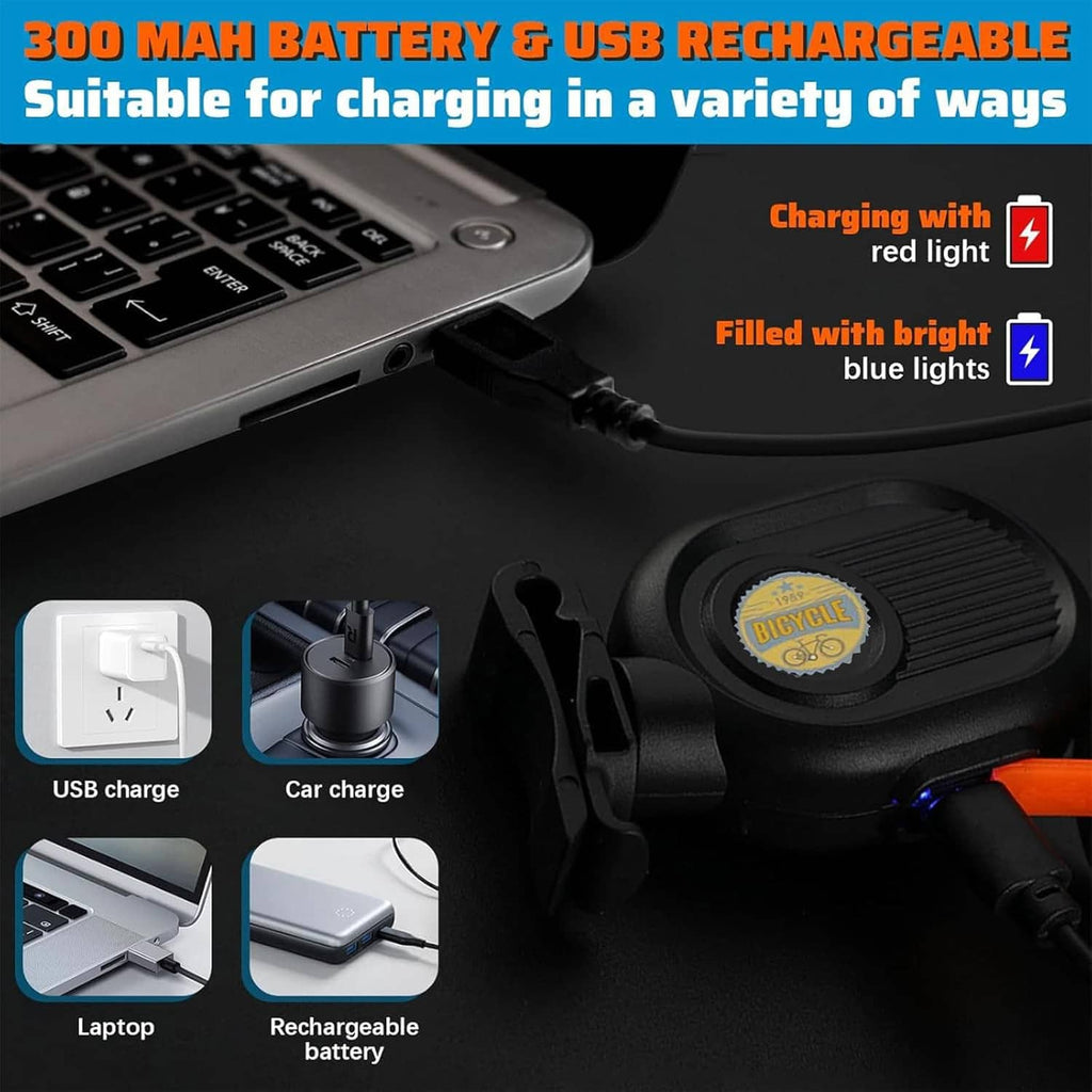 Rechargeable LED bike tail light with USB charging cable and black battery pack