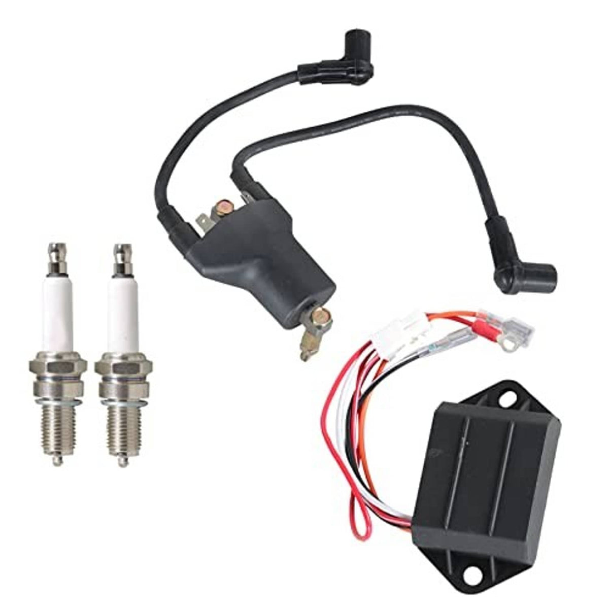 Ignition CDI box with wiring leads, ignition coil, and two threaded spark plugs