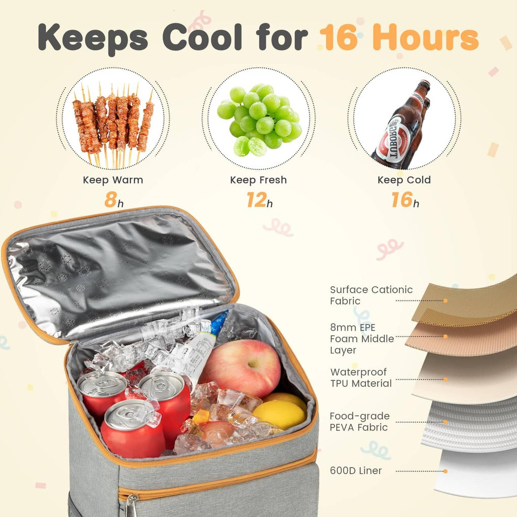 Grey insulated cooler backpack open with foil-lined compartment and canned drinks