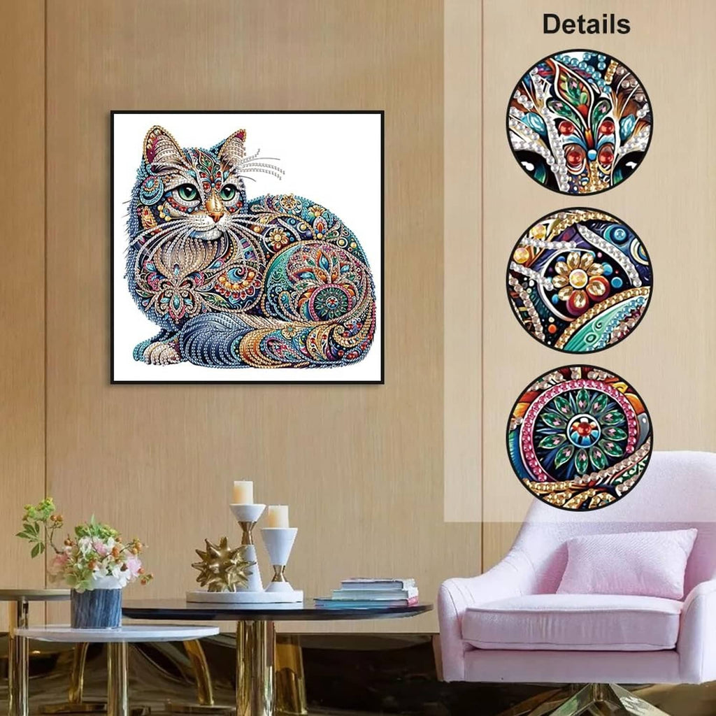 Framed multicolor diamond art cat picture with detailed gemstone pattern